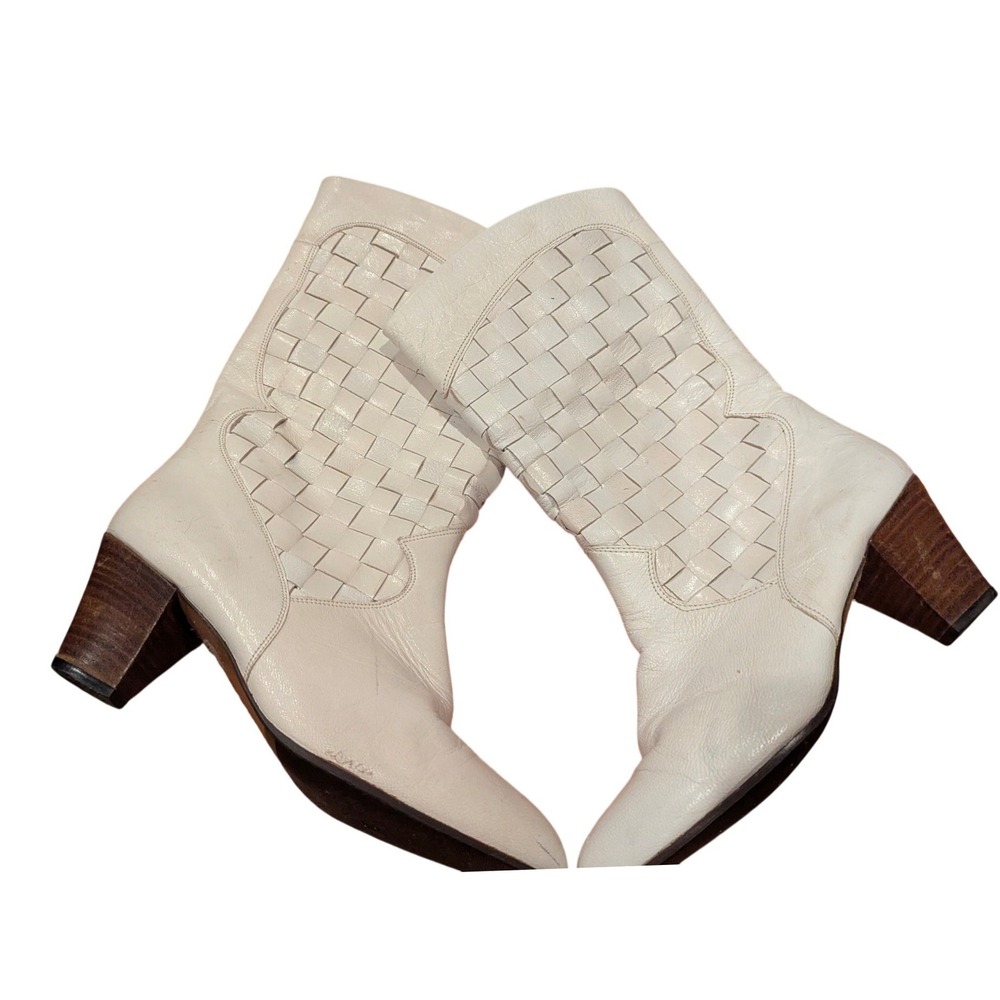 Spanish Leather Woven Mid-Calf Boots 38 White Pointed Toe Wood Block Heel Boho